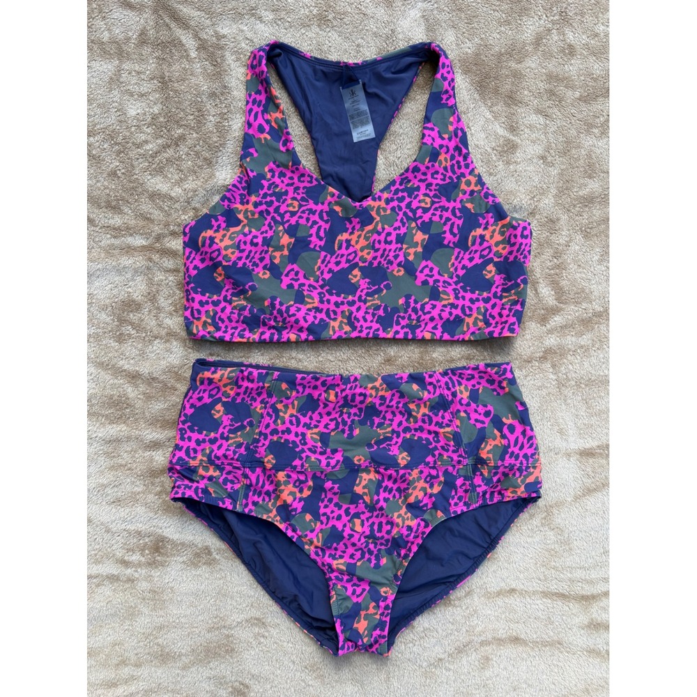 Krimson Klover Womens Pink Navy Leopard Racerback High Waist Bikini Size L NWOT